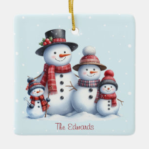 Ornement En Céramique Famille de bonhomme de neige personnalisée avec or