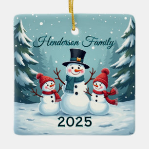 Ornement En Céramique Famille de bonhomme de neige personnalisée de troi