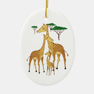 Ornement En Céramique Famille de girafe avec des arbres d'acacia