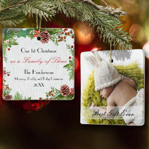 Ornement En Céramique Famille de photo personnalisée rustique 3 1er Noël