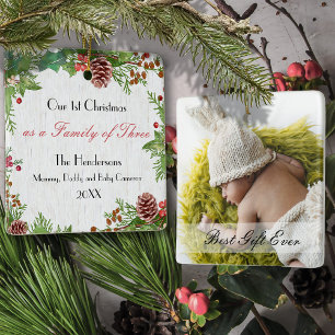 Ornement En Céramique Famille de photo personnalisée rustique 3 1er Noël