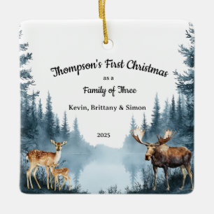 Ornement En Céramique Famille de trois, premier Noël, forêt, cerf, élan