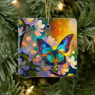 Ornement En Céramique Fantaisie de Cerisier en Fleur Papillon au Lever d