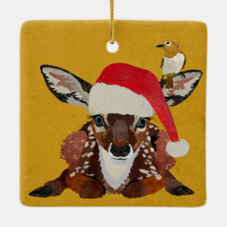 ORNEMENT EN CÉRAMIQUE FAON ET OISEAU DORÉ NOËL
