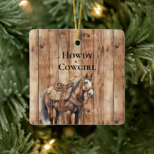 Ornement En Céramique Faux Wood Western Cowboy Cowgirl Horloge Noël