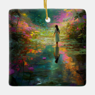 Ornement En Céramique Fée de l'eau aux pastels doux et aux nénuphars