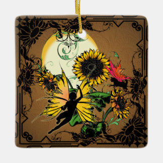 Ornement En Céramique Fée de tournesol et chat cosmique