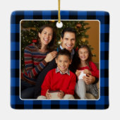 Ornement En Céramique Feliz Navidad Blue Buffalo Plaid Family Photo (Dos)
