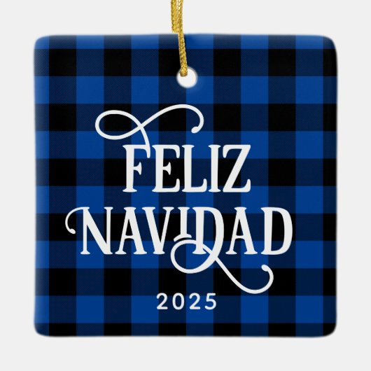 Ornement En Céramique Feliz Navidad Blue Buffalo Plaid Family Photo (Devant)
