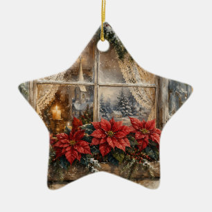 Ornement En Céramique Fenêtre de Noël au poinsettia enneigé