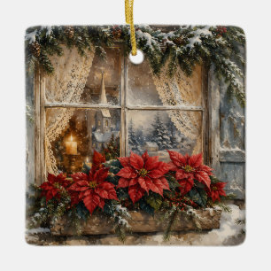 Ornement En Céramique Fenêtre de Noël au Poinsettia enneigé