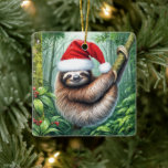 Ornement En Céramique Fente De Noël Dans Rainforest<br><div class="desc">Un paresseux portant un chapeau de Père Noël est suspendu confortablement à une branche au milieu d'une forêt tropicale luxuriante</div>