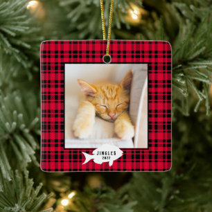 Ornement En Céramique Festif Rouge Plaid Nom du chat Noël