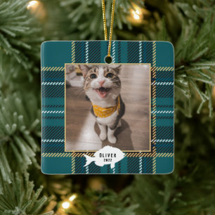 Ornement En Céramique Festif Tartan Vert Plaid Nom du chat Noël