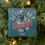 Ornement En Céramique Fête Bleue De Baseball Légendaire Rétro<br><div class="desc">Il s'agit d'un ornement de Noël à thème sportif amusant pour un fan de baseball. L'avant présente une image rétro d'une pâte, avec le texte en rouge "Baseball" écrit en script sur elle. Au-dessus de l'image se trouve le texte "LÉGENDAIRE" et au-dessous, il y a votre texte personnalisé, tout en...</div>