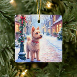 Ornement En Céramique Fête de Cairn Terrier avec un Lampadaire de Villag