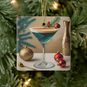 Ornement En Céramique Fête de cocktail de Noël du milieu du siècle Happy
