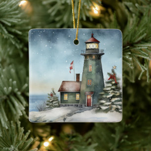 Ornement En Céramique Feu nautique personnalisé Wintery Lighthouse Noël 