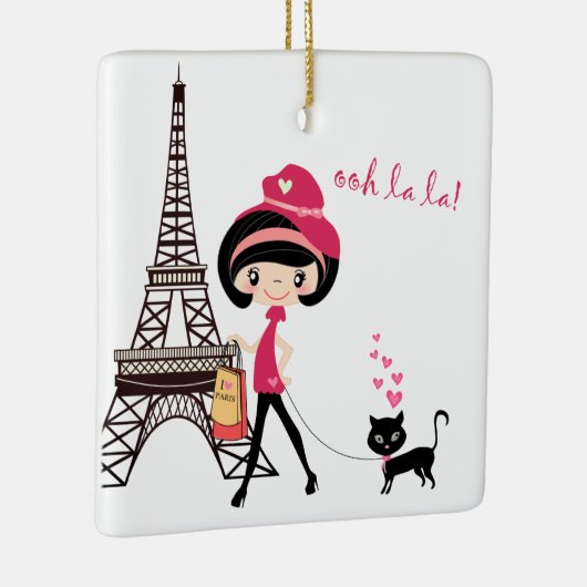 Ornement En Céramique Fille et chat à Paris Tour Eiffel Noël (Droite)