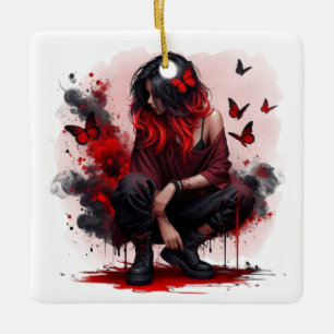 Ornement En Céramique Fille grunge papillon rouge