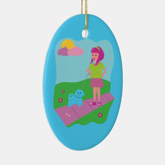 Ornement En Céramique Fille Marcher Chien (Droite)