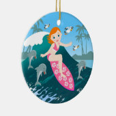 Ornement En Céramique Fille surf Big Wave avec dauphins (Droite)