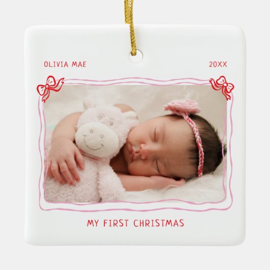 Ornement En Céramique First Christmas Baby Hand Drawn Bow Frame (Devant)