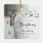Ornement En Céramique First Married Christmas Photo Name Year Script Cer<br><div class="desc">First Married Christmas Photo Name Year Script A romantic keepsake to celebrate the special time of your first Christmas as Mr and Mrs and memento in holidays to come. Typography for Christmas and Mr and Mrs is in a set modern script and the rest of the text you can easily...</div>
