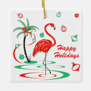Ornement En Céramique Flamant rose de Noël rouge Baubles carré de vacanc