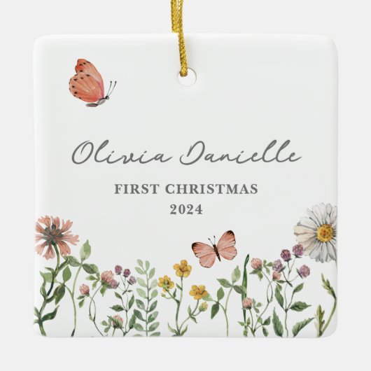 Ornement En Céramique Fleur sauvage Papillon Bébé Fille 1er Noël (Devant)
