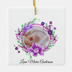 Ornement En Céramique Fleurs de Lavande Naissance Détail Photo Commémora