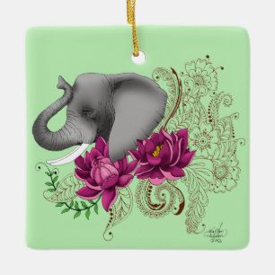 Ornement En Céramique Fleurs de lotus henné éléphant