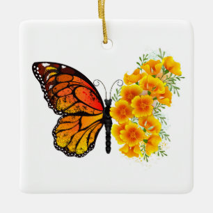 Ornement En Céramique Flower Butterfly with Yellow California Poppy
