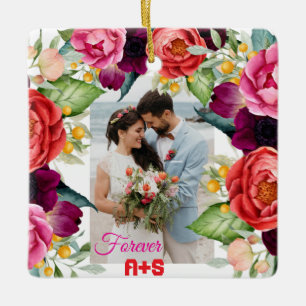 Ornement En Céramique Forever Rose Floral Personnalisé Couples Photo