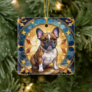 Ornement En Céramique French Buldog Pastel Vitrail Gold Christmas
