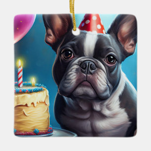 Ornement En Céramique Frenchie Birthday Bash : Un mignon Bulldog françai