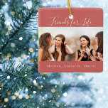 Ornement En Céramique Friends for life brown red photo names keepsake<br><div class="desc">A gift for your best friend(s) for birthdays,  Christmas or a special event. Text: Friends for Life,  written with a trendy hand lettered style script. Personalize and use your own photo and names. A brown red colored background.</div>