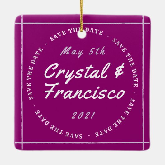 Ornement En Céramique Fun Purple Enregistrer La Date (Dos)