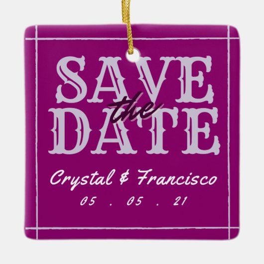 Ornement En Céramique Fun Purple Enregistrer La Date (Devant)