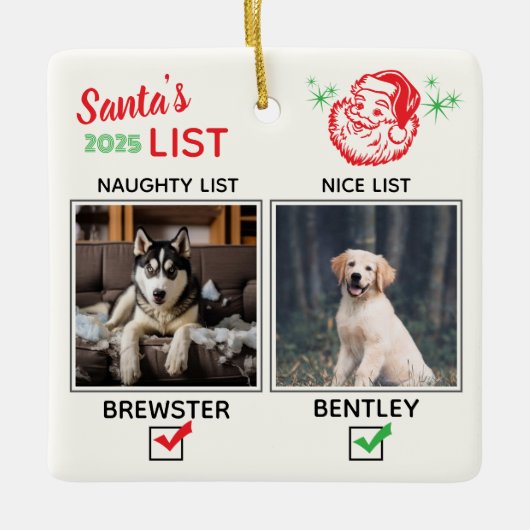 Ornement En Céramique Funny Naughty or Nice Dog Photo Christmas (Devant)