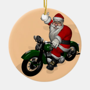 Ornement En Céramique Funny Santa Claus On Green Vintage Motorbike