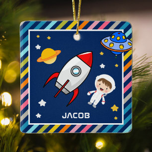 Ornement En Céramique Garçon Mignon Astronaute Fusée Espace Extérieur Ch