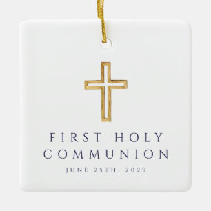 Ornement En Céramique Garçon photo croix religieuse bleue première commu