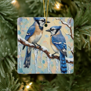 Ornement En Céramique Geais bleus vintage sur l'art de Noël de branche d