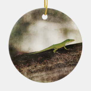 Ornement En Céramique Gecko Green Cameleon Lizard sur le bois Brown