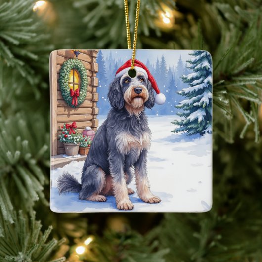 Ornement En Céramique German Wirehaired Pointer Snowy Lodge Santa Hat (Arbre)