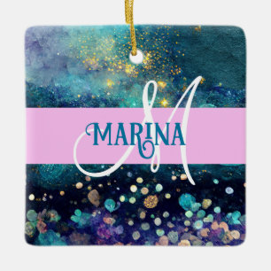 Ornement En Céramique Glam Mermaid Aqua Gold Parties scintillant étincel