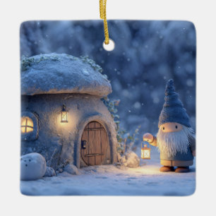 Ornement En Céramique Gnome avec une lanterne à l'extérieur d'une cabane