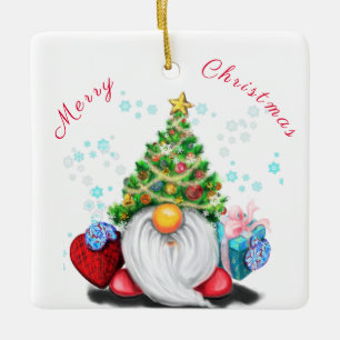 Ornement En Céramique Gnome mignonne avec arbre de Noël Casquette et ca