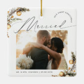 Ornement En Céramique Gold 2 Photo 1st Christmas Marié Joyeux Mr & Mrs. (Dos)